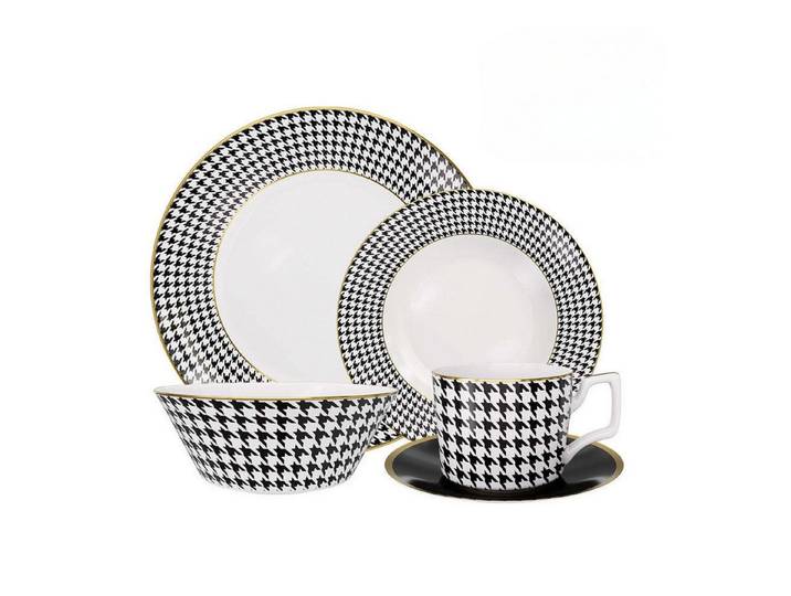 Quality Elegance Speiseteller Bone China Geschirrset Schwarz Weiß mit Goldrand – Hahnentritt Design, (20 St), 5tlg, 20 tlg