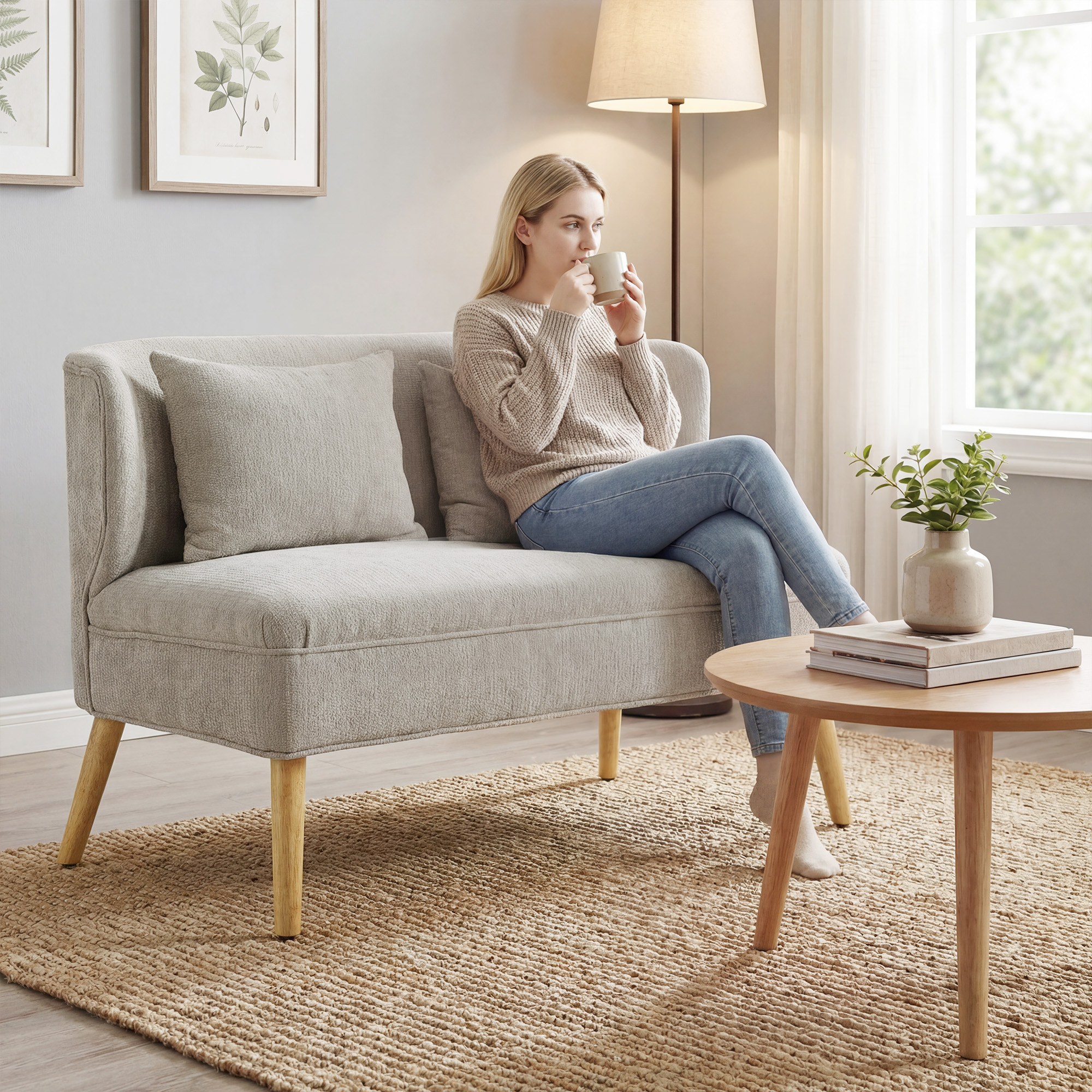 Homcom Divano 2 posti, piccolo divano in chenille con schienale a ali, seduta spessa, piedi in legno di caucciù, Beige   Aosom Italy