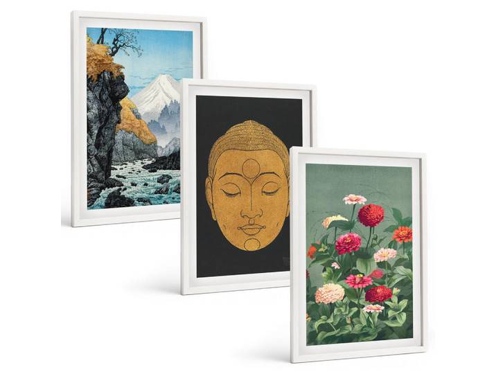 Tulup Bilder SET 3er Set - 40x60 cm Weißer Rahmen - Japanische Natur, Japandi-Kultur, Kunststoff, Rechteckig, 40x60 cm, einfache und schnelle Anbringung, Bilder & Rahmen, Bilder