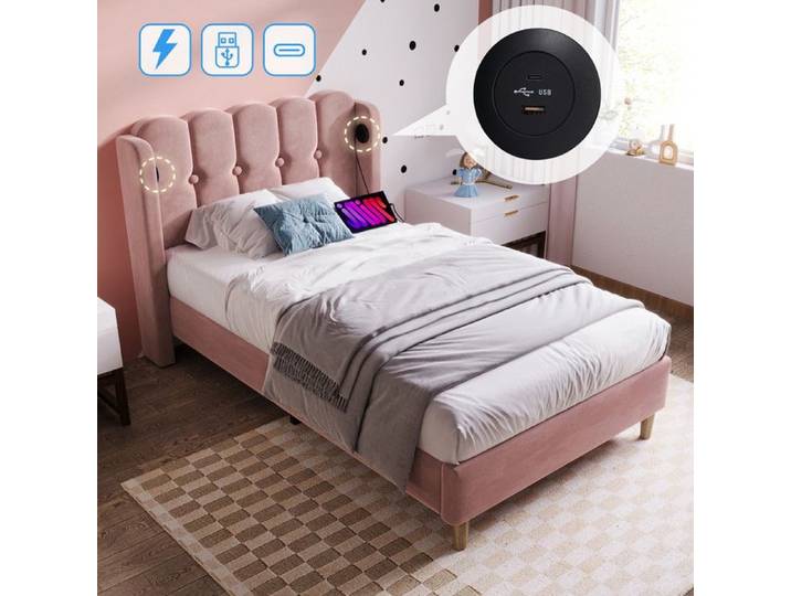 Lit rembourré simple - 90x200 cm - Rose- Velours - Charge USB Type C