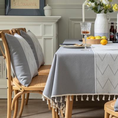 Enova Home High Quality Rectangle Cotton and Linen Tablecloth with Tassels (Grey)