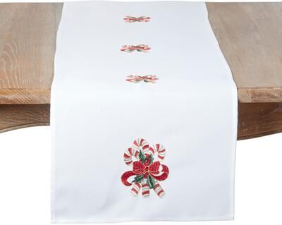 Saro "Candy Cane & Bow Holiday Linen Blend Table Runner - Festive Dining, Entertaining, Holiday Decor, & Winter Tablescapes - 16""x70"""