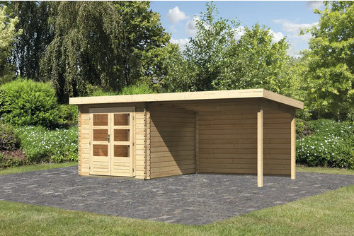 Gartenhaus Karibu Noorvik 4 inkl. Anbaudach 3 m, Rückwand 554 x 333 cm natur