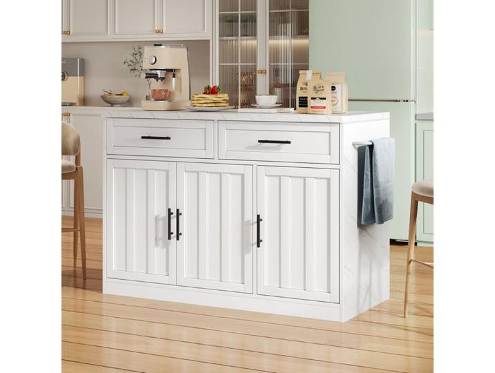 SENVIRO îlot de cuisine avec bar rangement et prises 120x60x91cm blanc