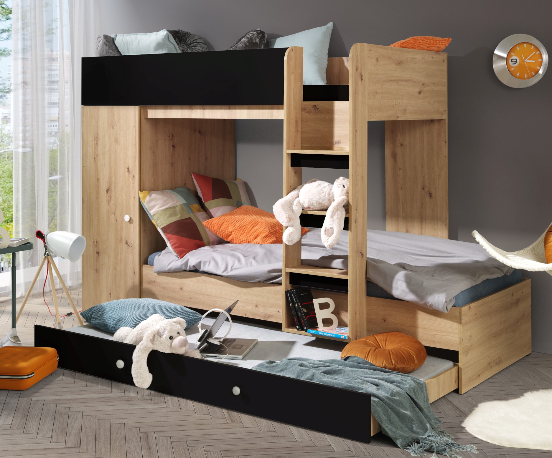 Etagenbett für Kinder Smart 2 mit Leiter, 3 Schlafplätze