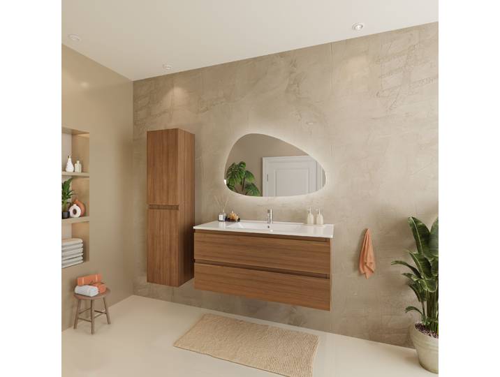 Meuble + Colonne Verona 100cm Chêne Chaud Vasque Blanche Lomazoo