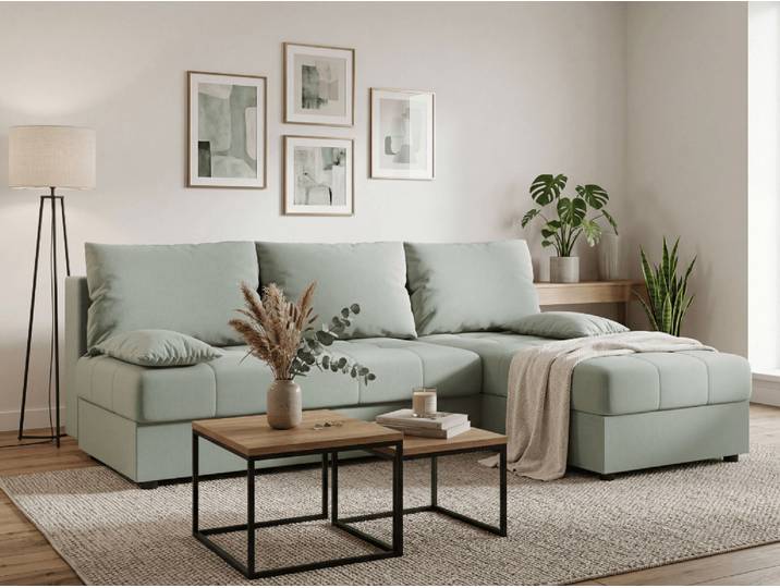 AKTION Ausziehbare beidseitige Ecksofa VENORIA SLIM 200x143 cm, hellgrün + 2 Kissen GRATIS II. Wahl