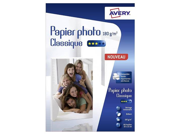 Boîte de 80 feuilles de papier photo brillant 10x15cm, Jet d'encre, 180 g/m² - AVERY