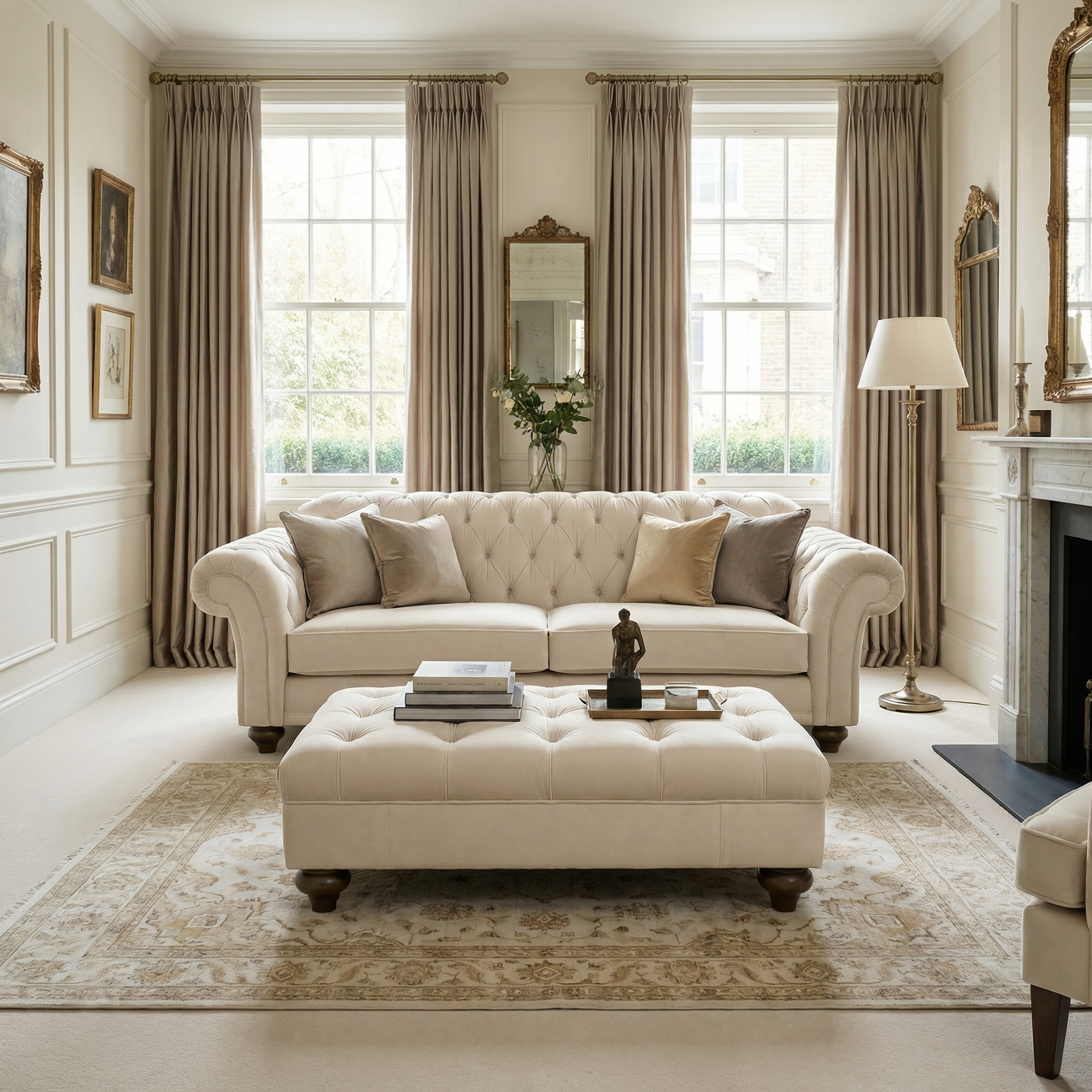 Sofa Style Chesterfield Velvet Footstool in Cream