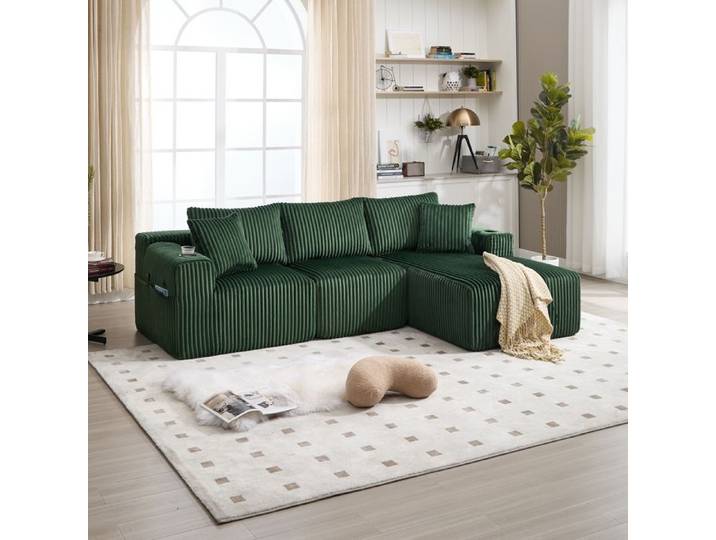 Ensemble de canapés modulaires en velours côtelé avec 5 coussins des poches latérales et des porte-gobelets vert émeraude