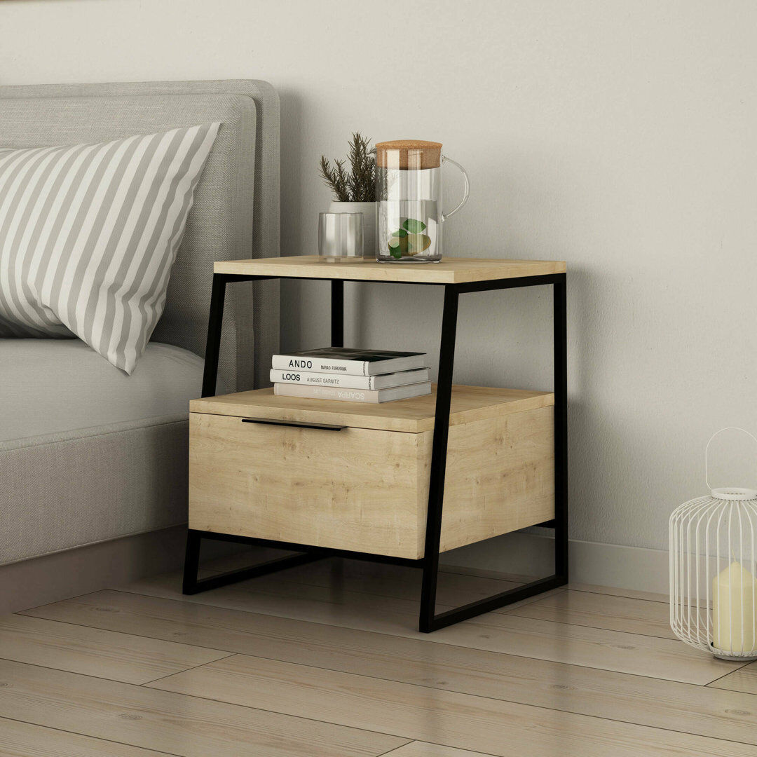 Wade Logan Aires Modern Bedside Table   45 x 40 x 50 cm   Drop Door Cabinet with Metal Frame Oak 50cm H X 45cm W X 40cm D