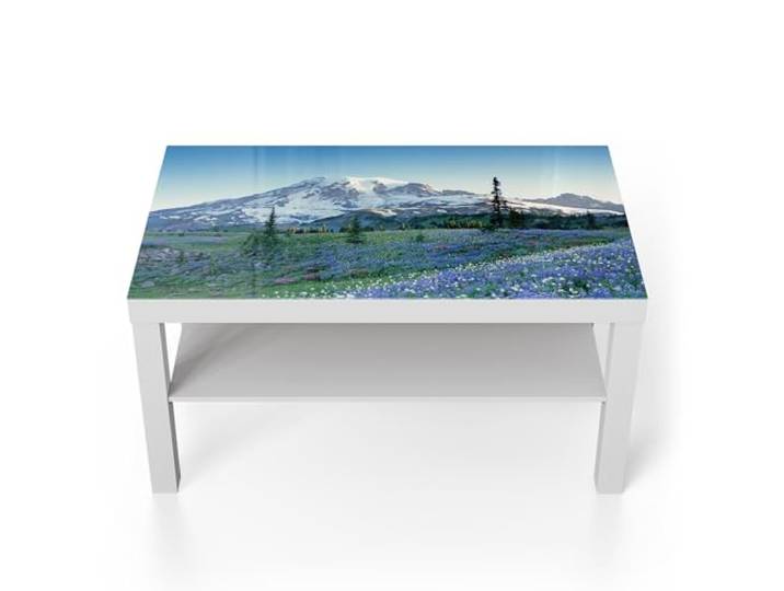 DEQORI Glastisch weiß groß 90x50 cm Motiv Wohlige Bergruhe ausgefallener Beistelltisch aus Glas Hochglanz Couchtisch fürs Wohnzimmer moderner Couch Tisch mit Design