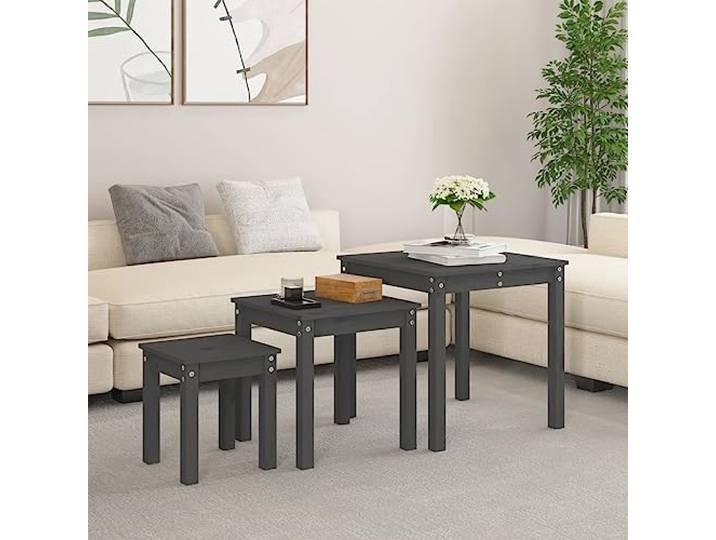 KPOUTRFG Satztische 3 STK. Grau Massivholz Kiefer Beistelltische Set Massivholz Kiefer, grau lackiert, stapelbar, platzsparend, vielseitig nutzbar