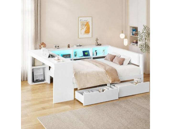 Lit plateforme - ZEVKOR - 140×200 - Rangement intégré - Tiroirs & LED - Station de charge