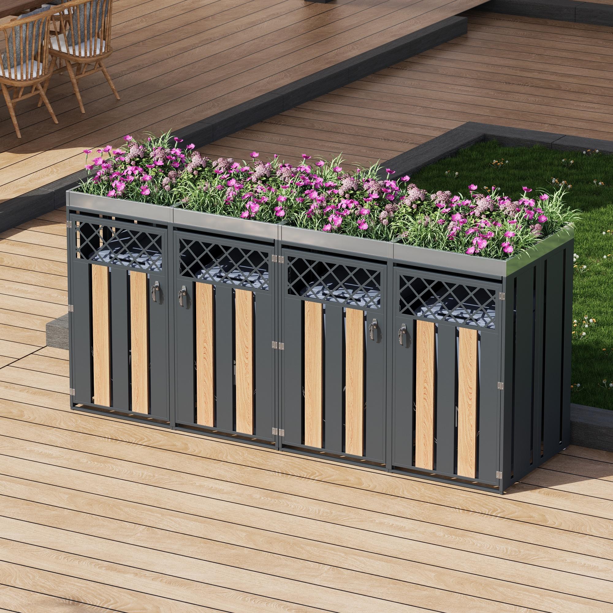 Merax abschließbare Mülltonnenbox 2er mit Pflanzkasten, Doppel Mülltonnen Verkleidung mit 2 Türen aus Rauten Belüftung und Stahl, Garten,Holzoptik Grau