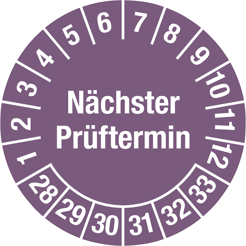 kaiserkraft Mehrjahresplakette, Nächster Prüftermin, Dokumentenfolie, Ø 20 mm, 28 - 33, violett