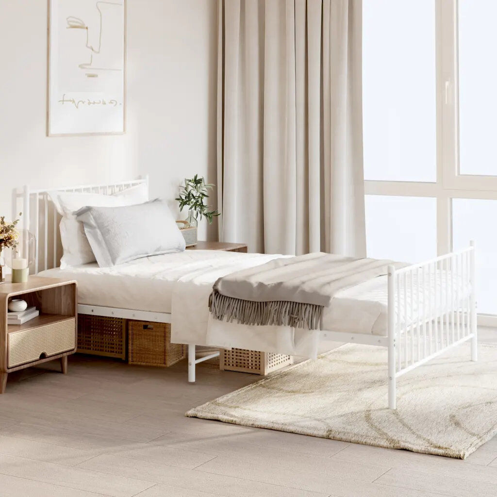 Ebern Designs Metal Bed Frame with Headboard and Footboard White White Single (3')