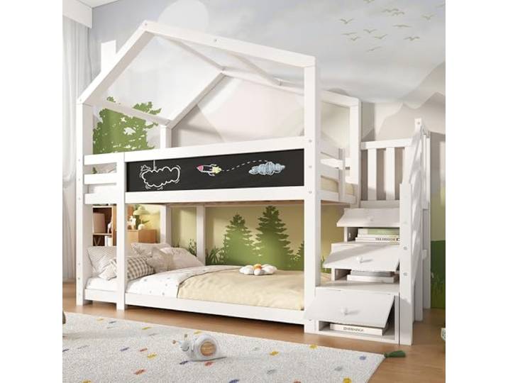 Merax Kinderbett Hausbett 90x200cm, Hochbett Stockbett für 2 Kinder, Baumhaus Etagenbett mit Rausfallschutz und 2 Lattenrost, Treppe mit 3 Schubladen, Spielbett mit Tafel und Dach, Jugendbett, Weiß