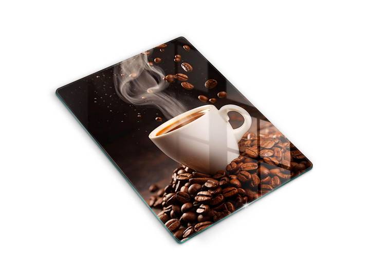 Wallfluent Glasplatte 40x52 cm Heiße Tasse Kaffee, Dunkelbraun, Glas, Rechteckig, 40x52 cm, Küchenzubehör, Schneidebretter