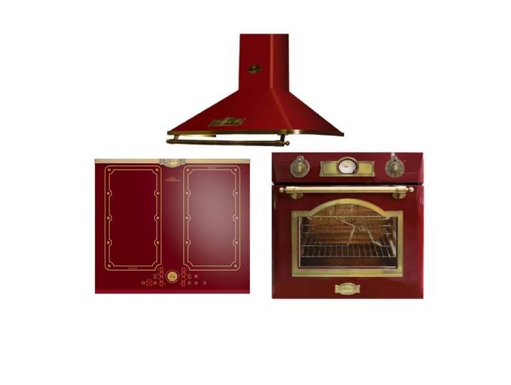 Kaiser Küchengeräte Backofen-Set Elektro Einbau Backofen Autark 60cm 67L+Dunstabzugshaube 60 cm+Induktionskochfeld 60 cm Bordeaux stoßfeste Glaskeramik Eh 6355 RotEm+A 6315 RotEm+KCT 6192 FI RotEm, mit 1-fach-Teleskopauszug