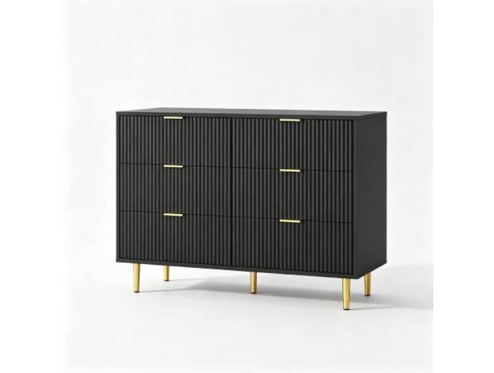Hapterouse Kommode 100×40×75 cm MDF 6 Schubladen Wellenfront Schwarz Metallauszüge, goldfarbene Griffe & Füße, Kippsicherung, moderne Optik