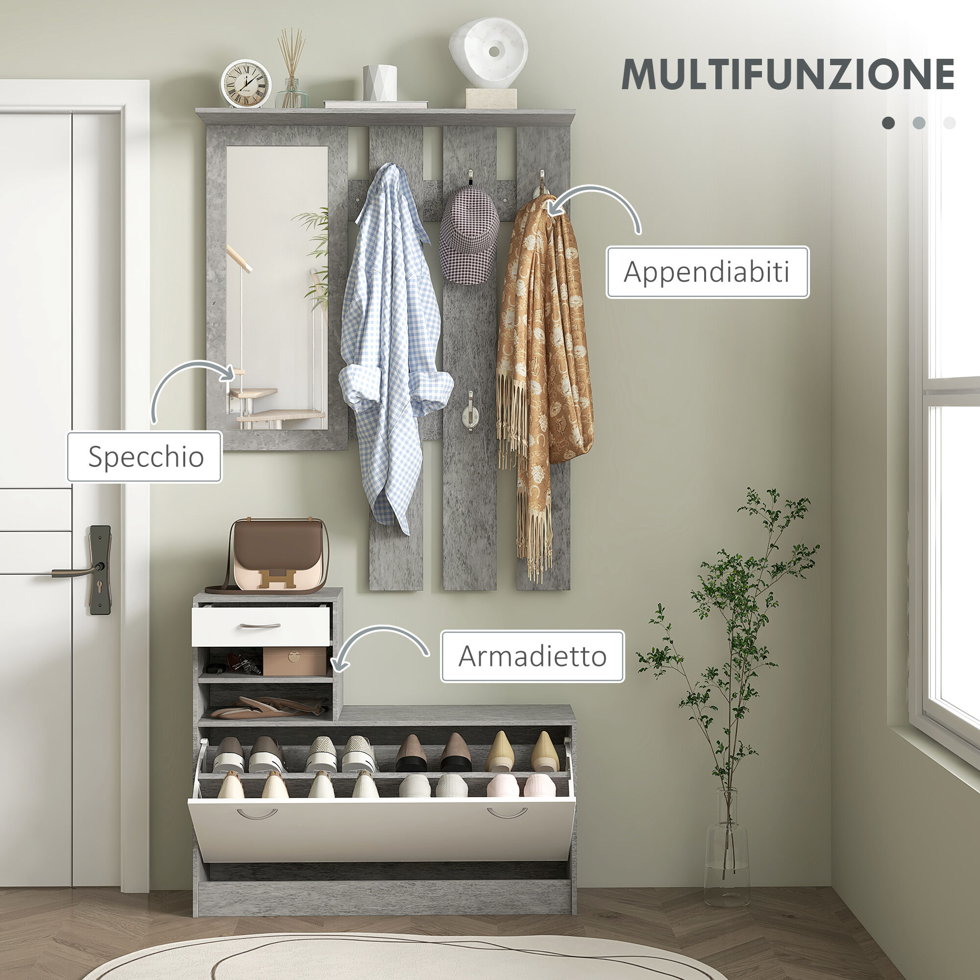 Altro Set Mobile Da Ingresso Con Appendiabiti A 6 Ganci, Mobile Scarpiera Con Cassetto E Specchio, Grigio