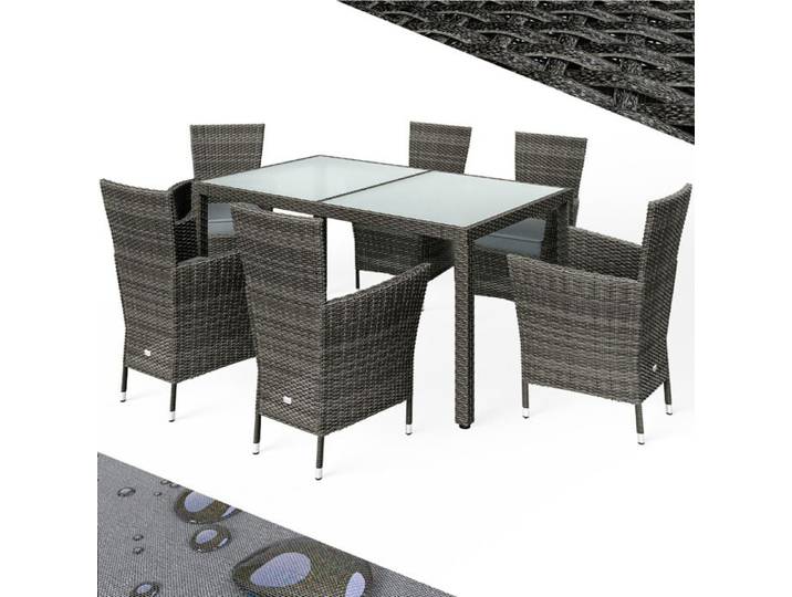 CASARIA® Salon de jardin gris 6 places table de jardin chaises empilables avec coussins plateau de table en verre trempé