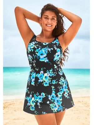 Plus Size Women's Tummy Control Princess Seam Swimdress by Swimsuits For All in Blue Poppies (Size 12)