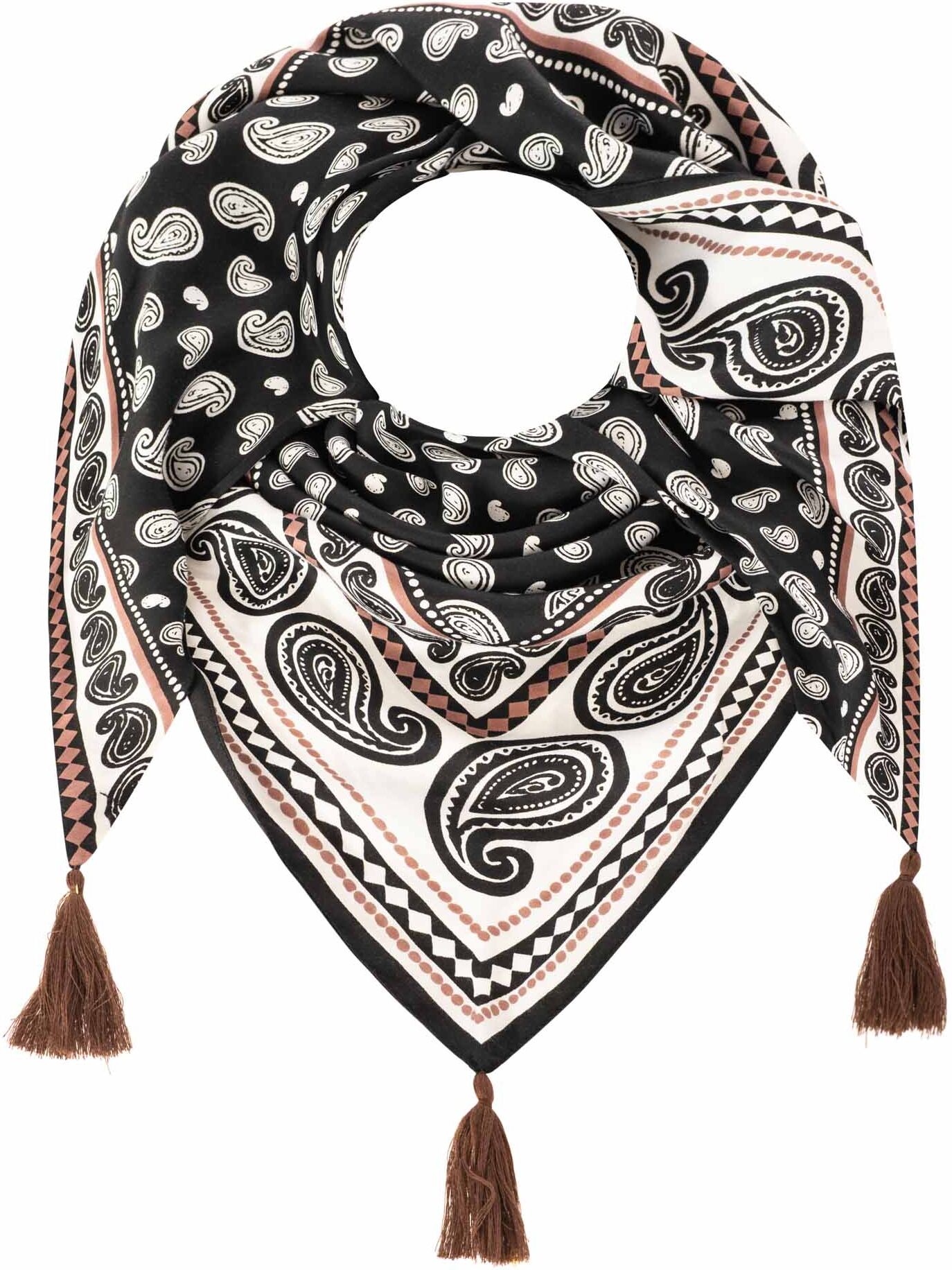Dreieckstuch ZWILLINGSHERZ "Geometric Paisley", Damen, schwarz, Web, Viskose, gemustert, mehrfarbig, Modetücher Dreieckstuch, geometrisches Muster mit Paisley, Tasseln, glänzende Oberfläche schwarz Einheitsgröße