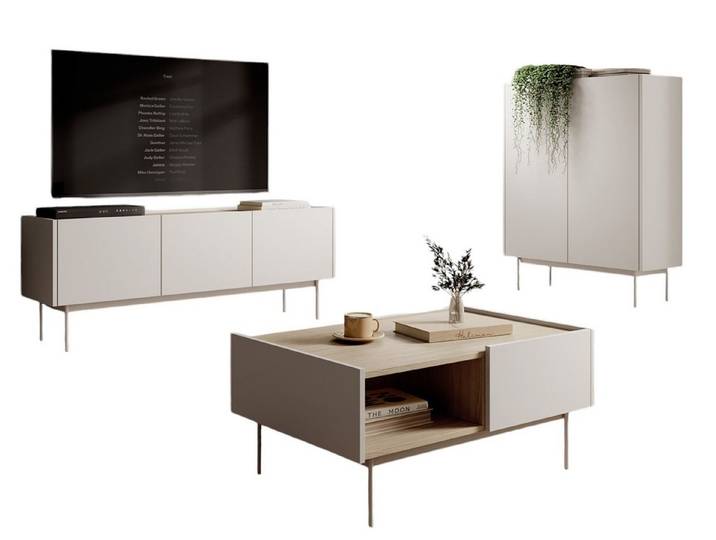 Compleo Wohnzimmer-Set (TV-Lowboard, Kommode, Couchtisch) Möbelfarbe Kaschmir oder Rot