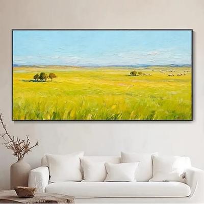 Handgemaltes Ölgemälde auf Leinwand, Wanddekoration mit einer Szene einer reichen Ernte von Rindern, Schafen und Weizenfeldern, gerollt, rahmenlos, ungespannt.