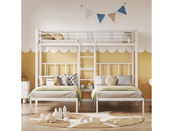Moimhear Dreierbett, Dreifaches Etagenbett mit Leiter für Kinder und Jugendliche, Eisenbett mit Fallschutzgitter und Tisch,weiß (90x200cm*3)