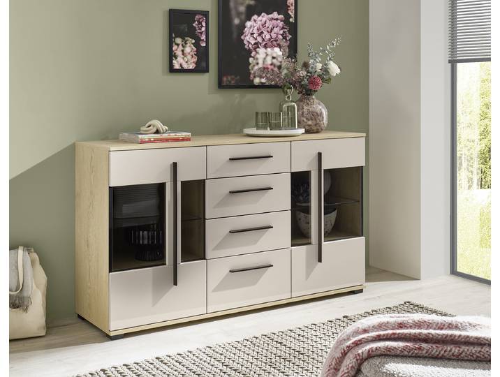 Sideboard mit Glastür 150cm Beige/Kaschmir/Eiche Dekor