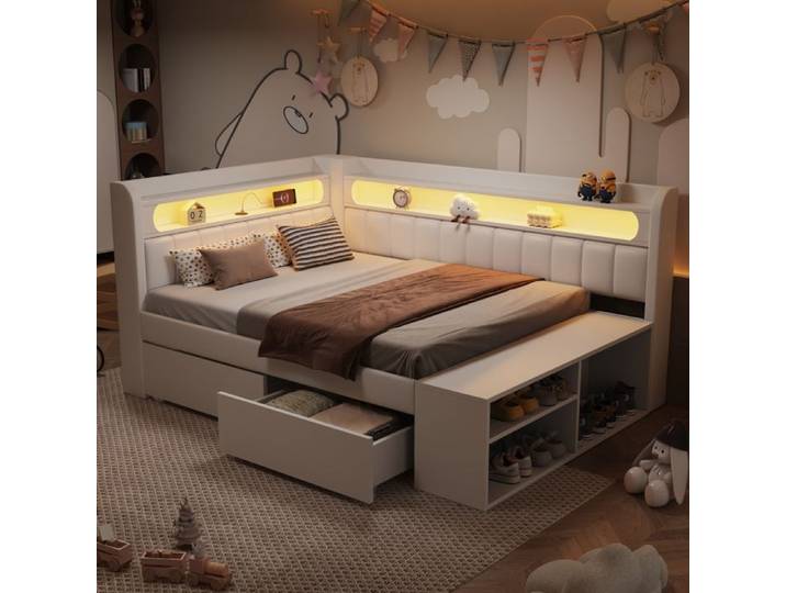 Gepolstertes Schlafsofa 90×200cm mit USB und LED-Lichtleiste mit Schuhschrank und 2 Schubladen weiß
