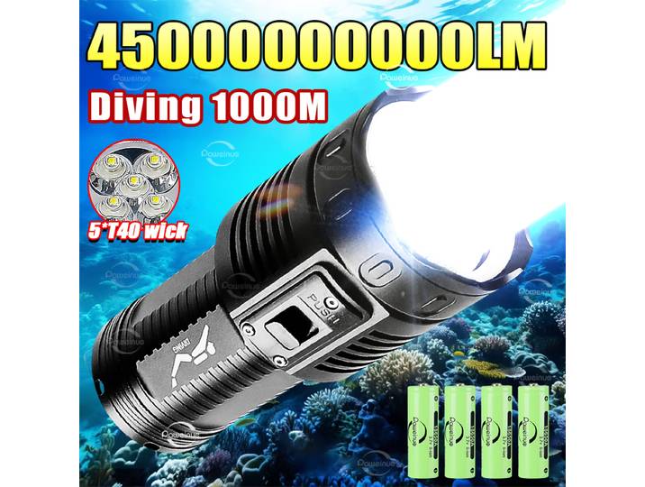 4500000LM plus puissant 5 * lampe de poche LED lampes de poche de plongée professionnelles IPX8 étanche torche de plongée sous-marine Lampe de poche de plongée à LED super brillante lanterne de pêche