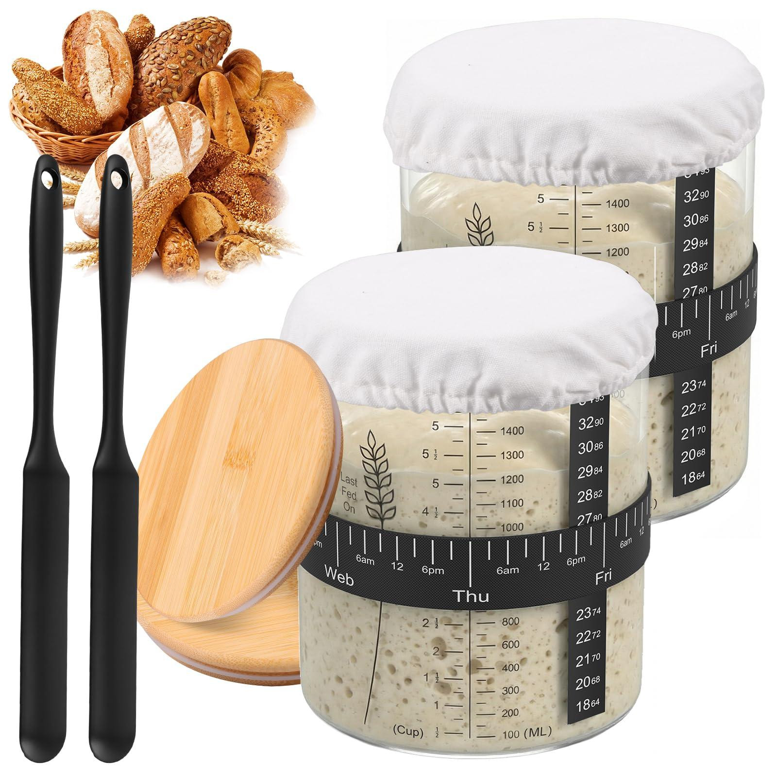 Starterset voor zuurdesem met 2 glazen potten van 1500 ml en bamboe deksels inclusief thermometer