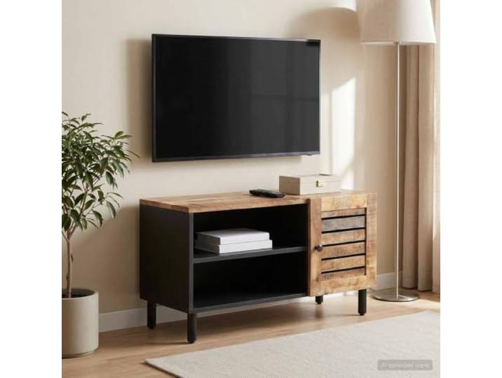 Medienständer Aus Massivem Mango-Holz, Stauraumschrank mit Mehreren Massives Mango-Holz, mehrere Fächer, Messingknöpfe, warme Braunfarbe, vielseitig nutzbar