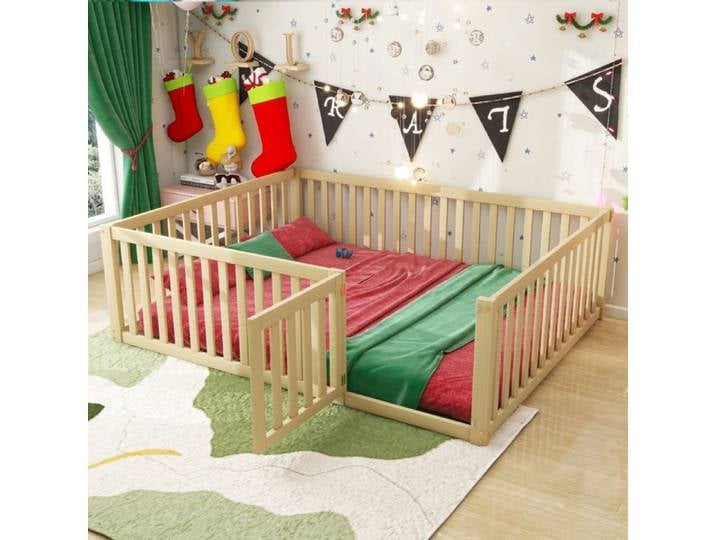 Lit enfant - SOGEU - Lit Combiné Enfant - 140 x 200 cm - Pin massif - Barrière 60 cm & porte