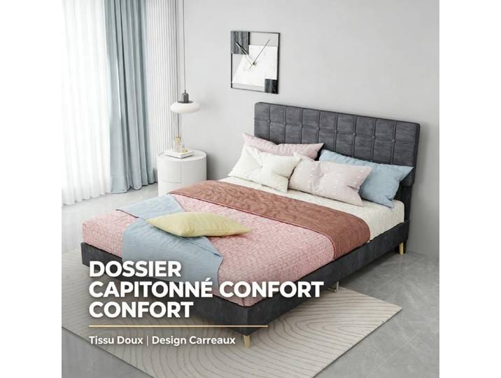 URTR Lit double en tissu tête de lit capitonnée à carreaux style luxe léger 140x200 cm élégant Gris