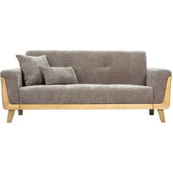Skandinavisches 3-Sitzer Sofa in taupefarbenem Samt-Effekt Stoff und hellem Holz FJORD