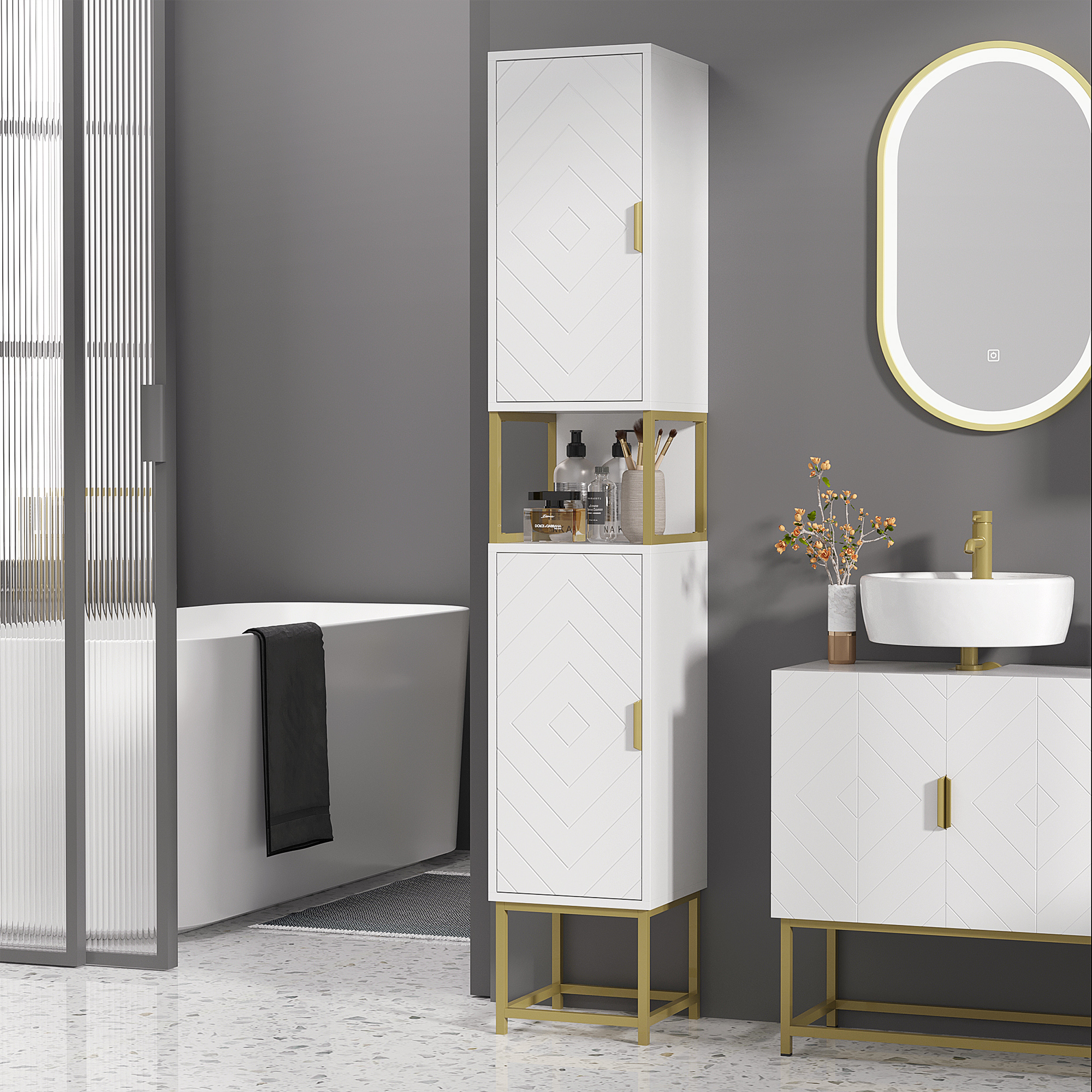 Kleankin Colonna Bagno con 2 Armadietti e Ripiano in MDF e Acciaio, 30x30x170.7cm, Bianco e Oro Aosom