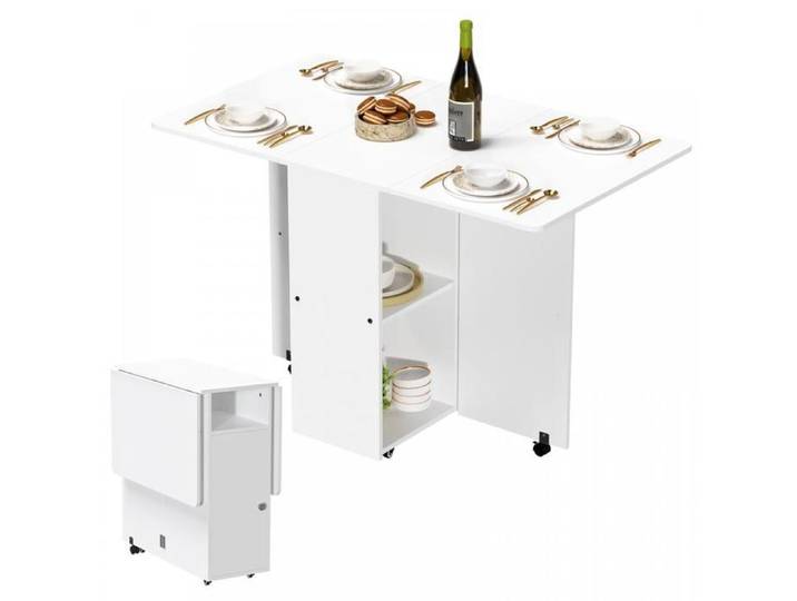 KEDIA Table à Manger Pliable Blanc 120x70x78cm Avec 3 Etagères Tableau de Cuisine pour Petits Espaces avec roulettes