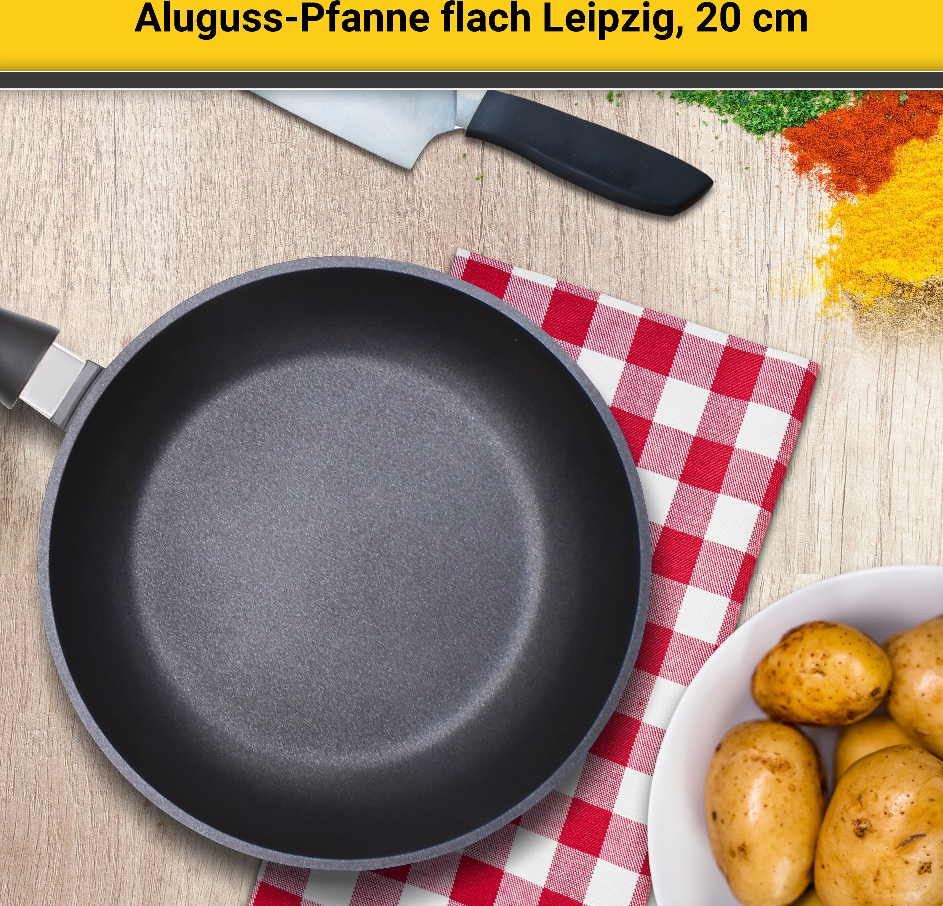 Bratpfanne KRÜGER "Aluguss Pfanne flach LEIPZIG", schwarz, H:5cm Ø:20cm, Pfannen, Bratpfanne, hochwertige Antihaft-Versiegelung