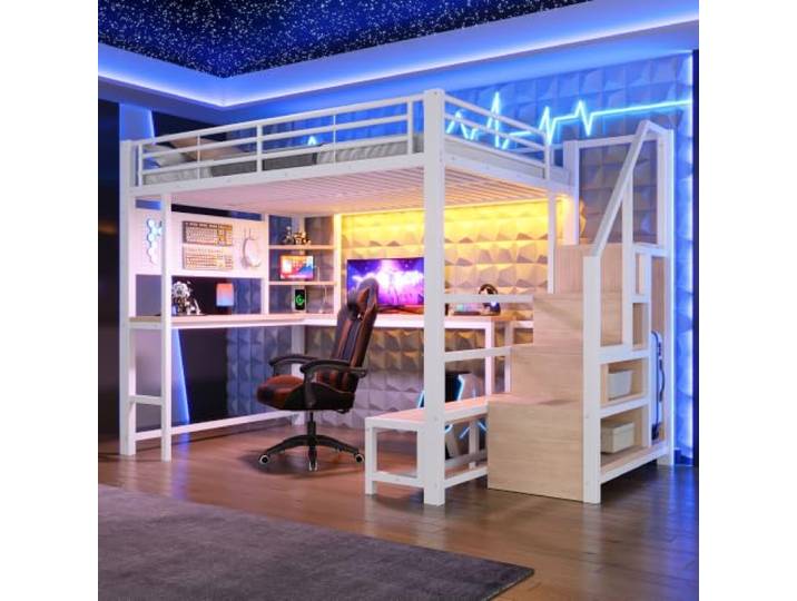 FAVSH Hochbett 140x200 cm, Metallbett mit Schreibtisch, Regalen und Lochwand, Hochbett für Erwachsene und Jugendliche mit LED-Beleuchtung, USB- und Type-C-Anschluss, Leiterschrank, ohne Matratze, Weiß