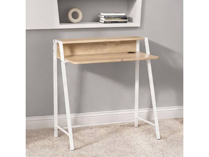 Bureau informatique néo-rétro en panneaux MDF chêne clair et métal blanc avec étagère compact 84x45x85 cm