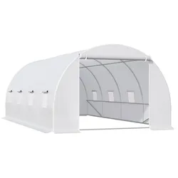 MODFU Foliengewächshaus Kunststoff Weiß 595x300x200 cm, begehbar mit 8 Fenstern und Rolltür