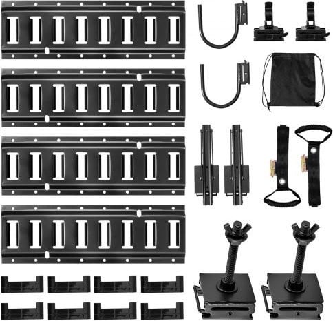 VEVOR E-Track bevestigingsrailset zwart van staal, 4-pack 0,4 m met haken en accessoires