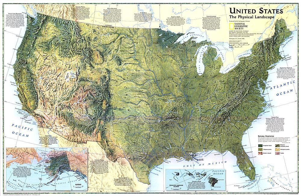 National Geographic Historic POD 1996 Etats-Unis, la carte des paysages physiques