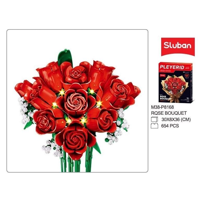 Sluban Pleyerid Blume roter Rosenstrauss mit Lichtern dekoriert 654 St. Klemmbausteine - Bauspielze (M38-P8168)