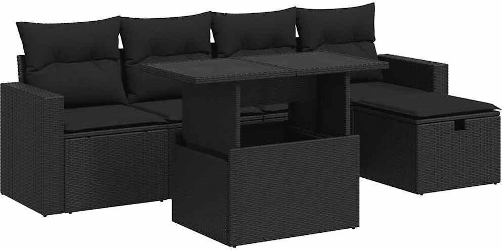 6-teiliges Gartenmöbel-Set, Sofagarnitur mit Stauraum, wasserfesten Beuteln & Kissen, Poly Rattan, Schwarz, UV-beständig